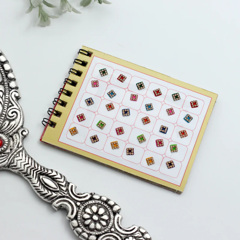 Mix Shapes and Multicolour Stone Border Fancy Velvet Bridal Bindis Sticker Kumkum Spiral Book - Size 8